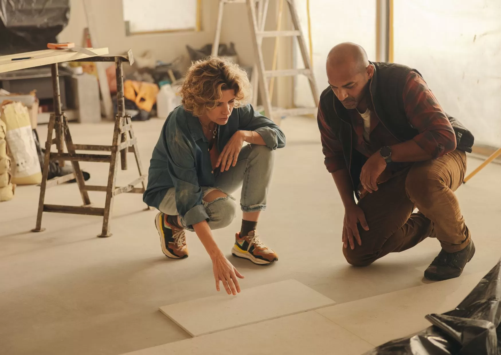 Woman and man considering floor tile